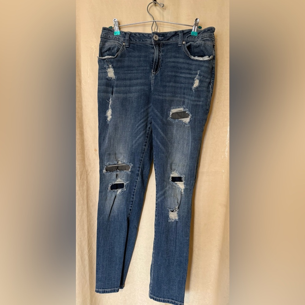 INC Denim Jeans, Women’s Size 14 Dark Wash, Straight Leg, Distressed Blue Jeans